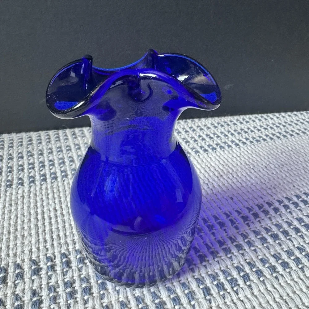 Stunning Vintage Cobalt Blue Ruffled Rim Glass Vase With Bottom Pontil Marking